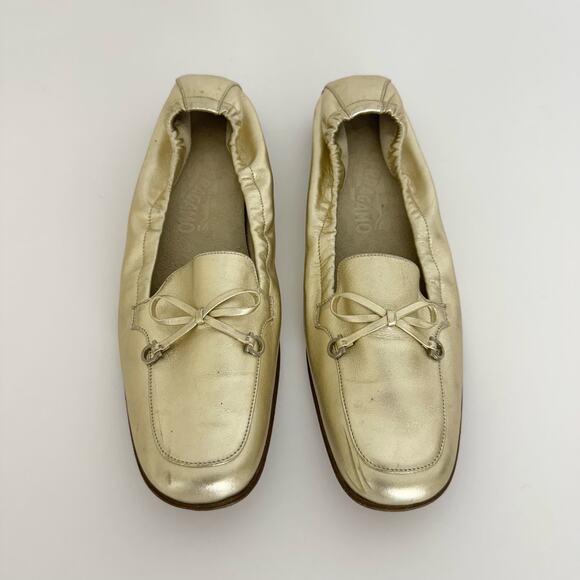 Salvatore Ferragamo Floyd Moon Nappa Calf Metallic Gold Shoes Loafers Size 7.5B - Picture 2 of 13